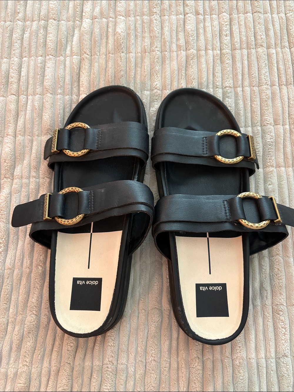 Dolce Vita Black Double-Strap Slide Sandals with Gold Rings